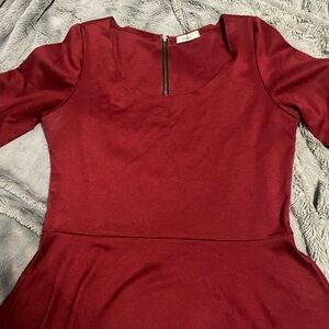 Red Square Neck Cuffed Sleeve Fit and Flare Blouse